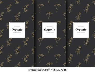 Set of labels, packaging for organic shop or natural cosmetics. Vector floral patterns with grey and golden colors. Template for packing product.