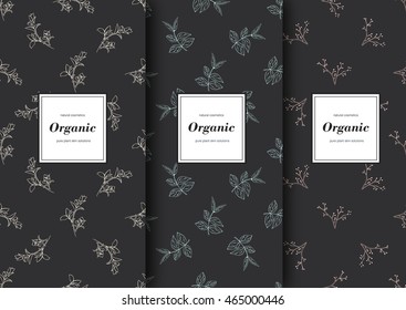 Set of labels, packaging for organic shop or natural cosmetics. Vector floral patterns with grey color. Template for packing product.