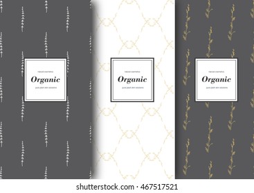 Set of labels, packaging for organic shop or natural cosmetics. Vector floral patterns with grey and golden colors.Template for packing product.