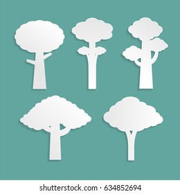 Set of labels paper white trees collection on blue background,