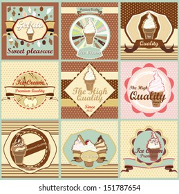 set of labels and patterns with ice cream for pastry shop