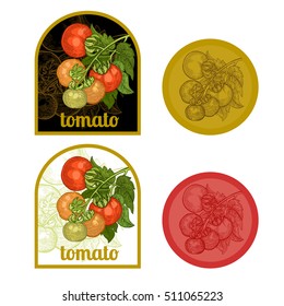 Set of labels with a picture of tomato. Templates for creating labels packing vegetables. Vector illustration. Hand drawing.