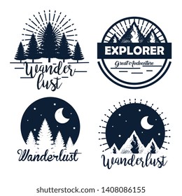 set of labels with pines trees and snowy mountains with moon