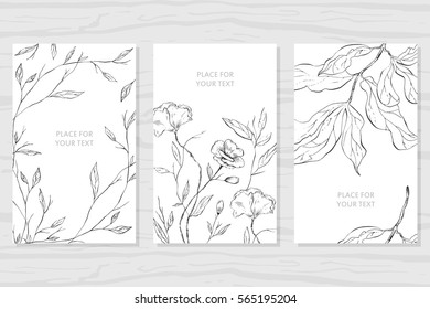 Set of labels, posters, greeting cards with the image of wild flowers and plants.