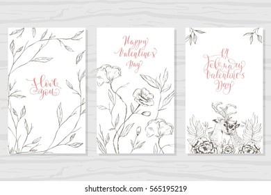 Set of labels, posters, greeting cards on Valentine's Day. Hand-drawn illustrations and lettering. Irises, wildflowers. Calligraphy: I love you,  Happy Valentine's Day, February 14, Valentine's Day.