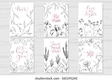 Set of labels, posters, greeting cards on Valentine's Day. Hand-drawn illustrations and lettering. Irises, wildflowers. Calligraphy: Love, Be mine, Love me tender