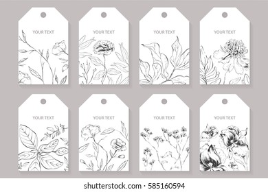 Set of labels, posters, greeting cards with the image of wild flowers and plants.