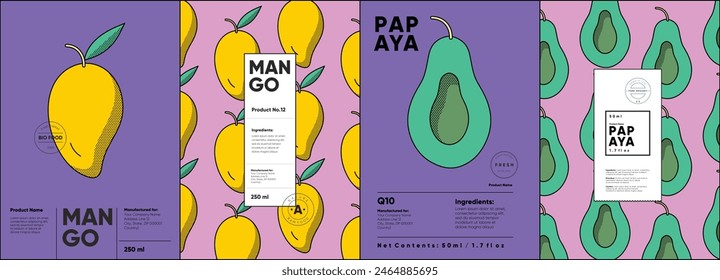 Set of labels, posters, and price tags features line art designs of fruits, specifically mangos and papayas, in a vibrant, minimalistic style.