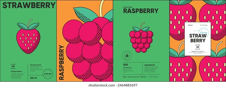 Set of labels, posters, and price tags features line art designs of fruits, specifically strawberries and raspberries, in a vibrant, minimalistic style.