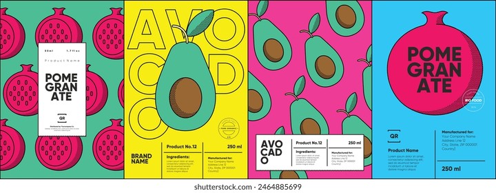 Set of labels, posters, and price tags features line art designs of fruits, specifically pomegranates and avocados, in a vibrant, minimalistic style.