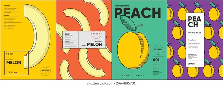 Set of labels, posters, and price tags features line art designs of fruits, specifically melons and peaches, in a vibrant, minimalistic style.