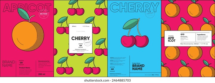 Set of labels, posters, and price tags features line art designs of fruits, specifically apricots and cherries, in a vibrant, minimalistic style.