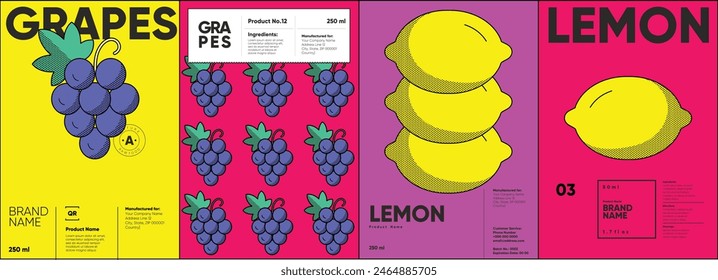 Set of labels, posters, and price tags features line art designs of fruits, specifically grapes and lemons, in a vibrant, minimalistic style.