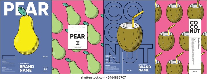 Set of labels, posters, and price tags features line art designs of fruits, specifically pears and coconuts, in a vibrant, minimalistic style.