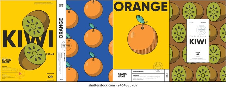 Set of labels, posters, and price tags features line art designs of fruits, specifically kiwis and oranges, in a vibrant, minimalistic style.