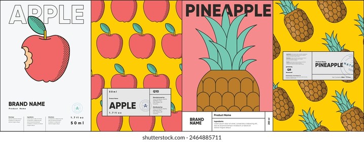 Set of labels, posters, and price tags features line art designs of fruits, specifically apples and pineapples, in a vibrant, minimalistic style.