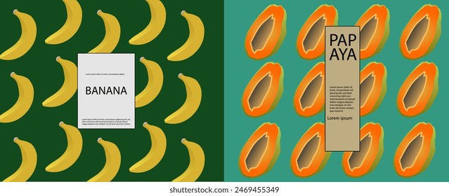 Set of labels, posters, and price tags features line art designs of fruits, specifically bananas and papayas, in a vibrant, minimalist style. vector