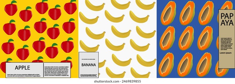 set of labels, posters and price tags features line art designs of fruit, specifically apples, bananas and papayas, in a vibrant minimalist style. vector