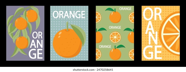 Set of labels, posters and price tags of fruits, orange in a bright minimalistic style.