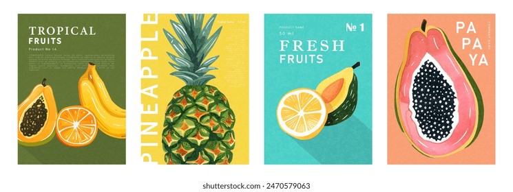 Set of labels, posters or price tags with watercolor fruits. Papaya, orange, banana, pineapple, lemon and avocado. Vector illustration for the design of packages, flyers and promotional materials.