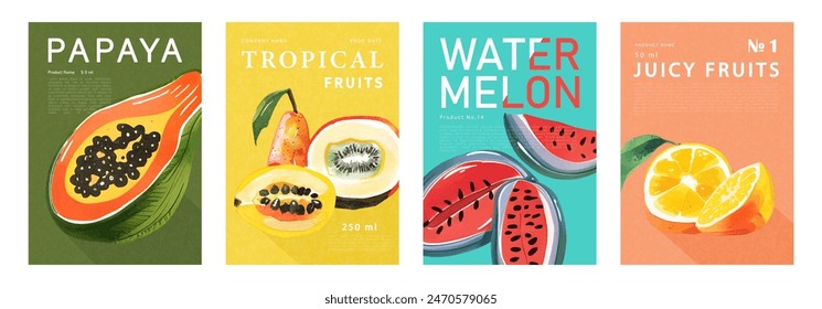 Set of labels, posters or price tags with watercolor tropical fruits. Vector illustration for the design of packages, flyers and promotional materials.