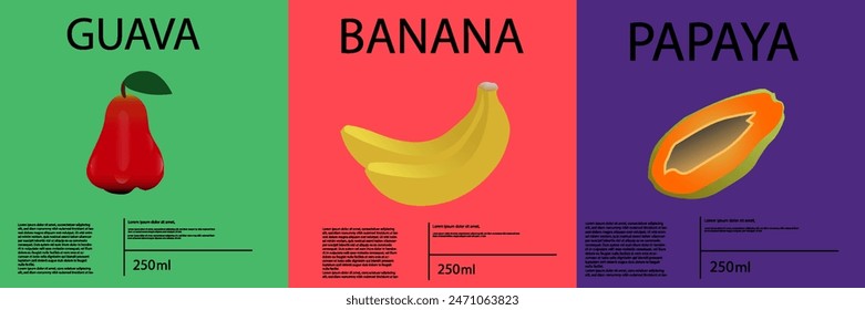 set of labels, posters and price tags featuring line art designs of fruit, specifically water guava, banana and papaya, in a vibrant minimalist style. vector