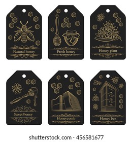 Set of labels with pots of honey, bees and flowers. Honey labels in vintage style. Vector illustration.