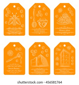 Set of labels with pots of honey, bees and flowers. Honey labels in vintage style. Vector illustration.
