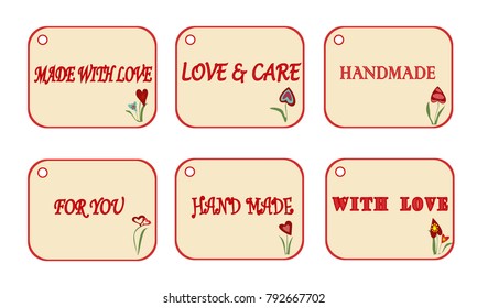 Set of labels, price tag for hand crafted goods. Card for your product with text handmade, love and care and made with love. Flowers for decoration sticker. Vector collection. Horizontal location.