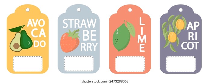 Set of labels, price tags of fruit posters in a bright minimalistic style.