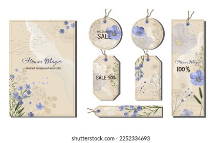 
A set of labels for products made from linen and other natural materials. Isolate on a white background. Vector illustration.