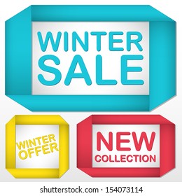 set of labels with promotional text in the colored field for winter