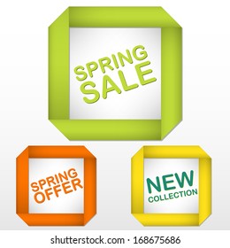 set of labels with promotional text spring sale and offer and new collection in the colored field for spring