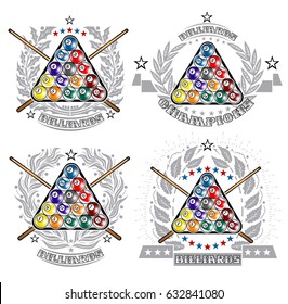 Set of labels with pyramid of billiard balls and crossed cues in center of silver wreathes. Sport logo for any billiard game or championship