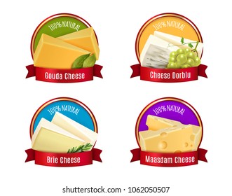 Set of labels with realistic cheese, red ribbons, spices and branch of white grape isolated vector illustration 