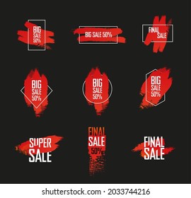 A set of labels with red paint strokes, blots, geometric shapes for a big sale. Vector hand-drawn compositions for labels, stickers, badges. The template is isolated on a black background.Illustration