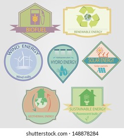 set of labels relating to ecology theme, including wind power, geothermal, renewable, solar, hydro energy
