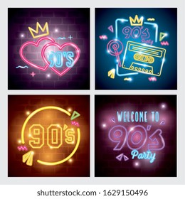 set of labels retro style neon light vector illustration design