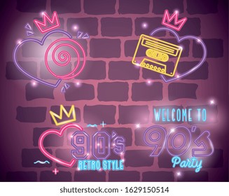 set of labels retro style neon light vector illustration design