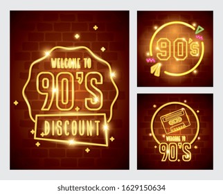 set of labels retro style neon light vector illustration design