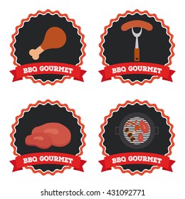 Set of labels with ribbons with text and different bbq icons on a white background