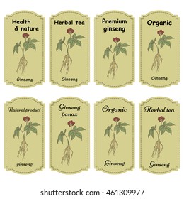 Set of  labels with root and leaves panax ginseng. Vector color hand drawn vintage illustration of medicinal plants. Biological additives are. Healthy lifestyle