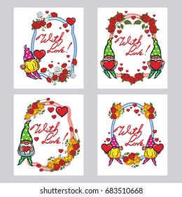 Set of labels with roses, cute gnome holding heart and artistic written text "With love!". Vector clip art.