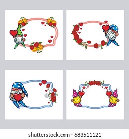 Set of labels with roses and cute gnome holding heart. Design element for holiday decorations, greetings, Valentine day and birthday cards. Vector clip art.