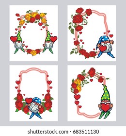 Set of labels with roses and cute gnome holding heart. Design element for holiday decorations, greetings, Valentine day and birthday cards. Vector clip art.