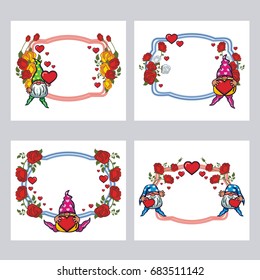 Set of labels with roses and cute gnome holding heart. Design element for holiday decorations, greetings, Valentine day and birthday cards. Vector clip art.