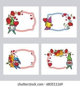Set of labels with roses and cute gnome holding heart. Design element for holiday decorations, greetings, Valentine day and birthday cards. Vector clip art.