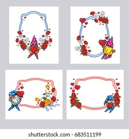 Set of labels with roses and cute gnome holding heart. Design element for holiday decorations, greetings, Valentine day and birthday cards. Vector clip art.