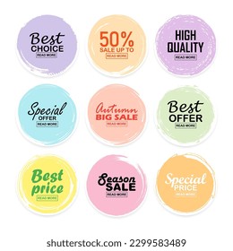 Set labels with sale inscription in different colors. Advertising or promo. Shopping concept. Promotional price label mega sale, shop now, special discount, big sale, limited time only, last chance.