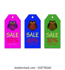 Set of labels for sales with decorative owls isolated on a white background.